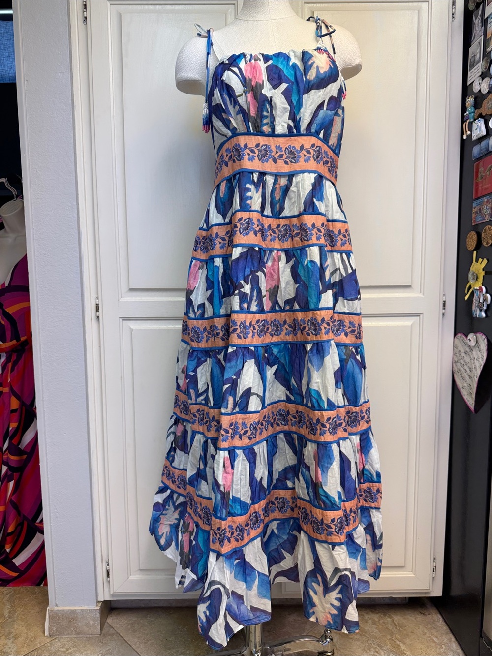 FARM Rio Blue and Peach Floral Tiered Sundress Maxi Sz.Sm